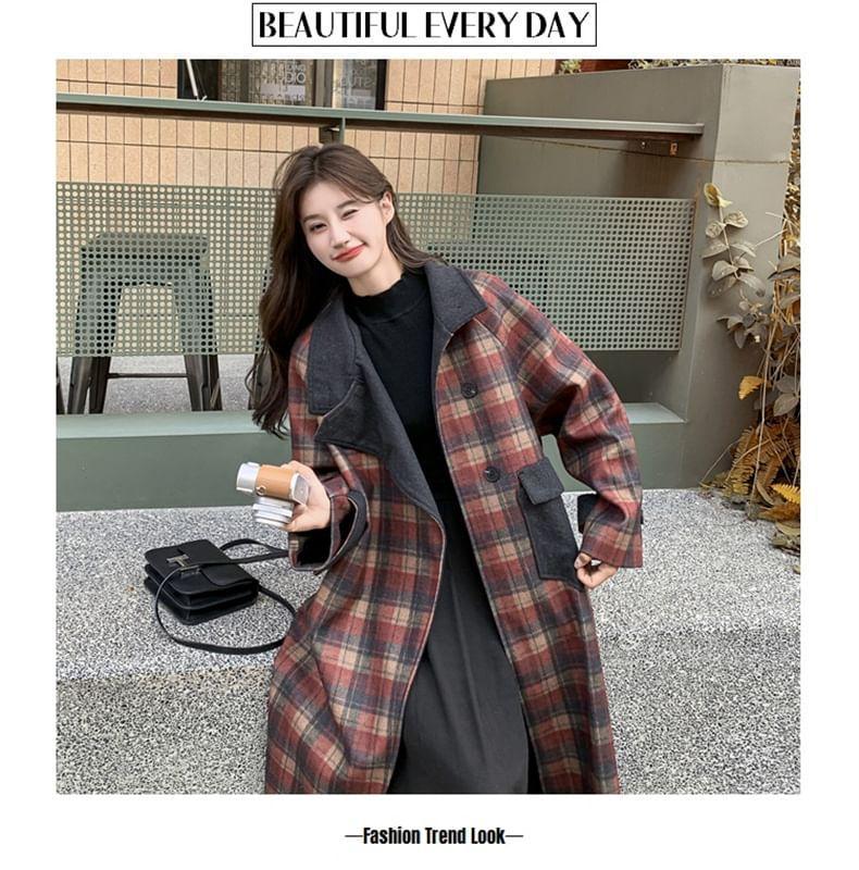 Collared Plaid Button-Up Long Coat Product Image