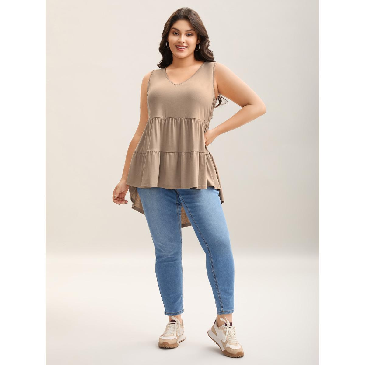 Plus Size Ruffled Tiered Long Tank Top Women Tan Gathered V-neck Everyday-Casual Tank Tops Camis BloomChic 22-24/3X Product Image