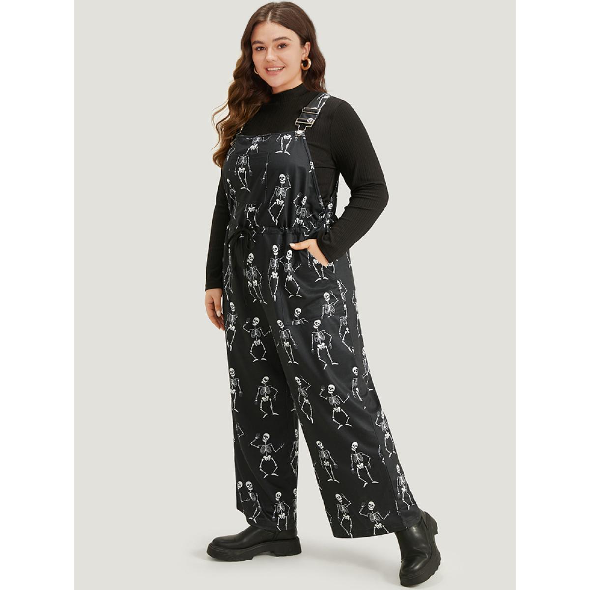 Plus Size Black Halloween Skull Print Pocket Ties Cami Jumpsuit Women Casual Sleeveless Spaghetti Strap Festival-Halloween Loose Jumpsuits BloomChic 12/L Product Image