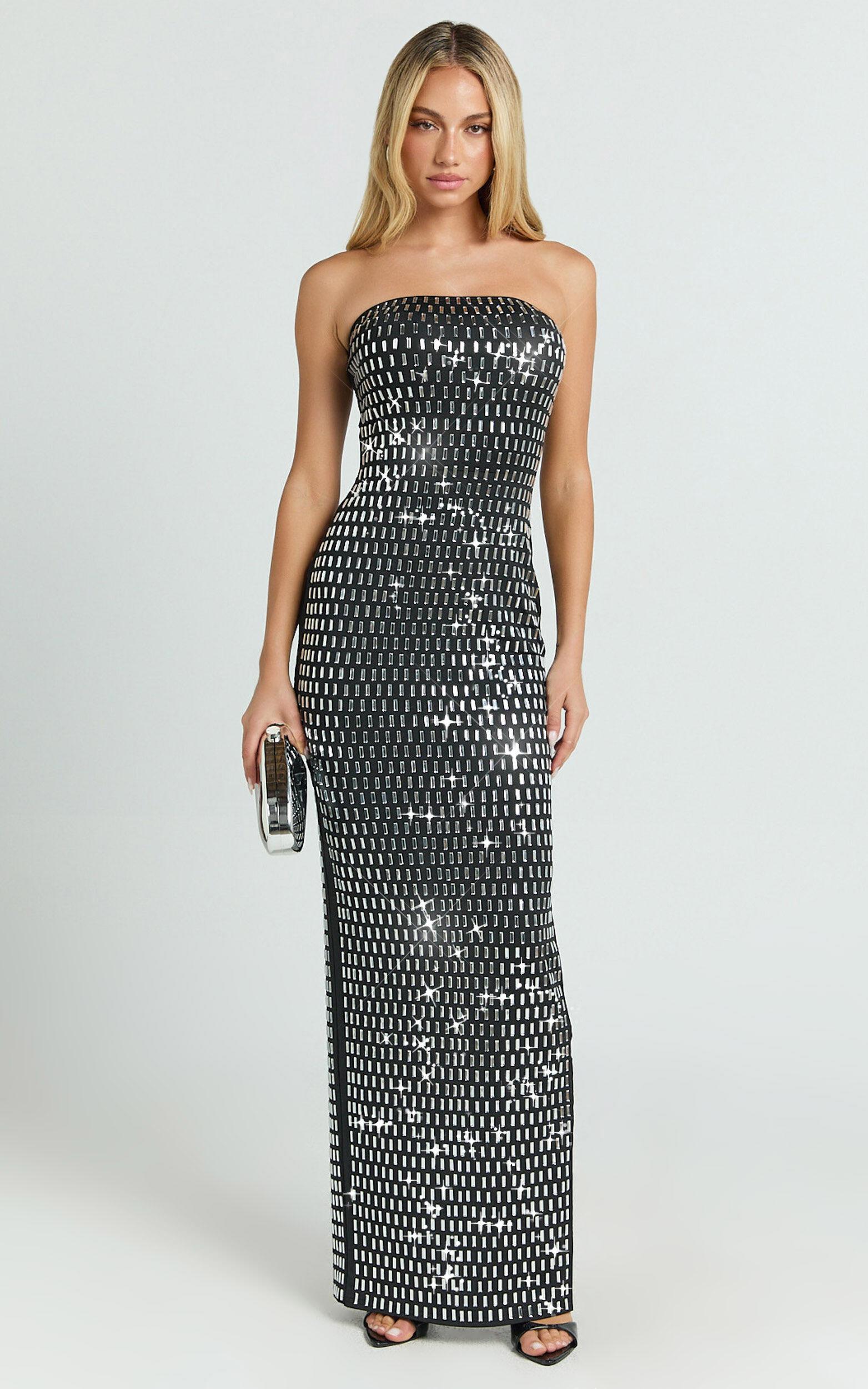 Joyce Maxi Dress - Heat Press Strapless Dress in Black Product Image