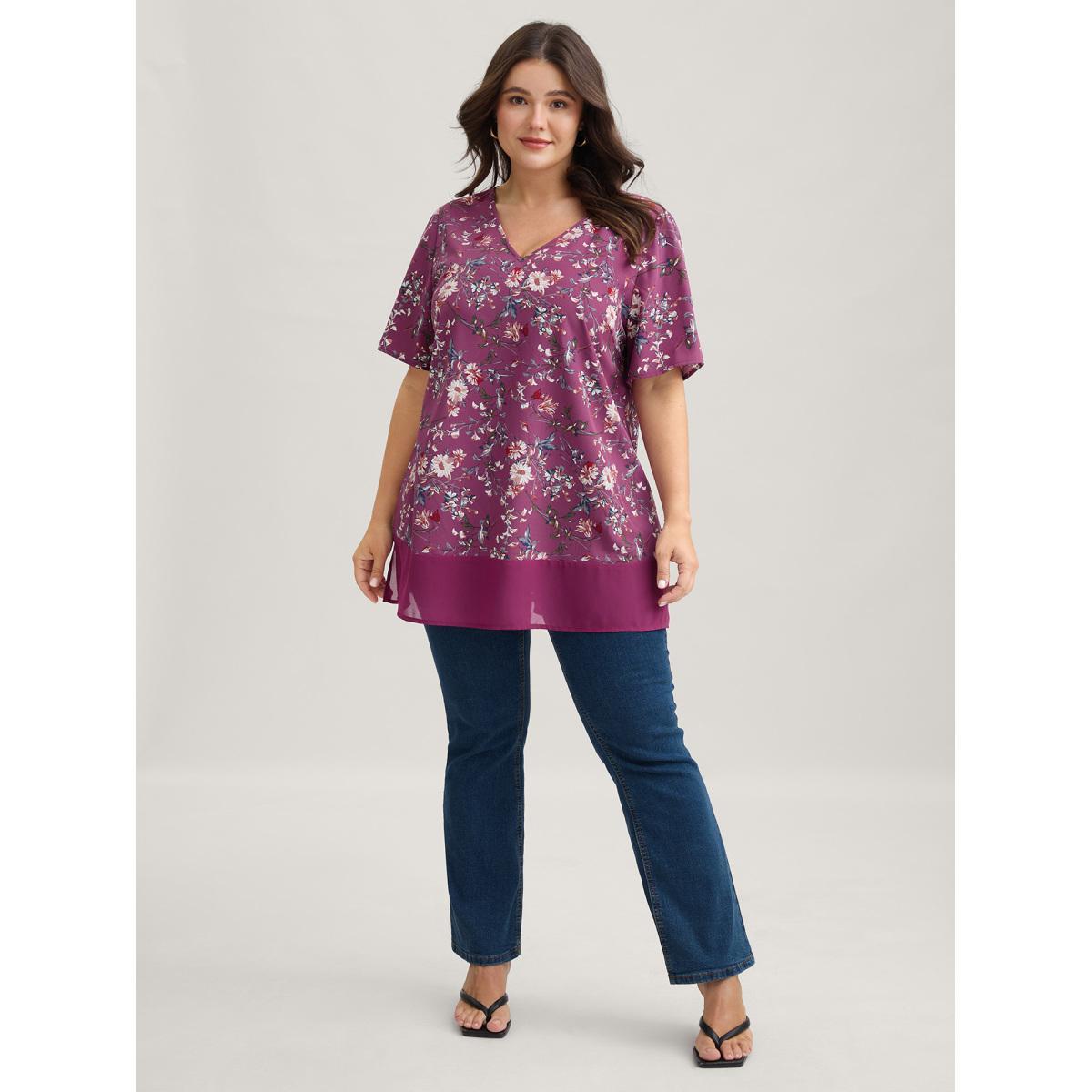 Plus Size Deeppurplered Garden Print Spliced V-Neck Blouse Women Elegant Short sleeve V-neck Everyday Blouses BloomChic 12/L Product Image