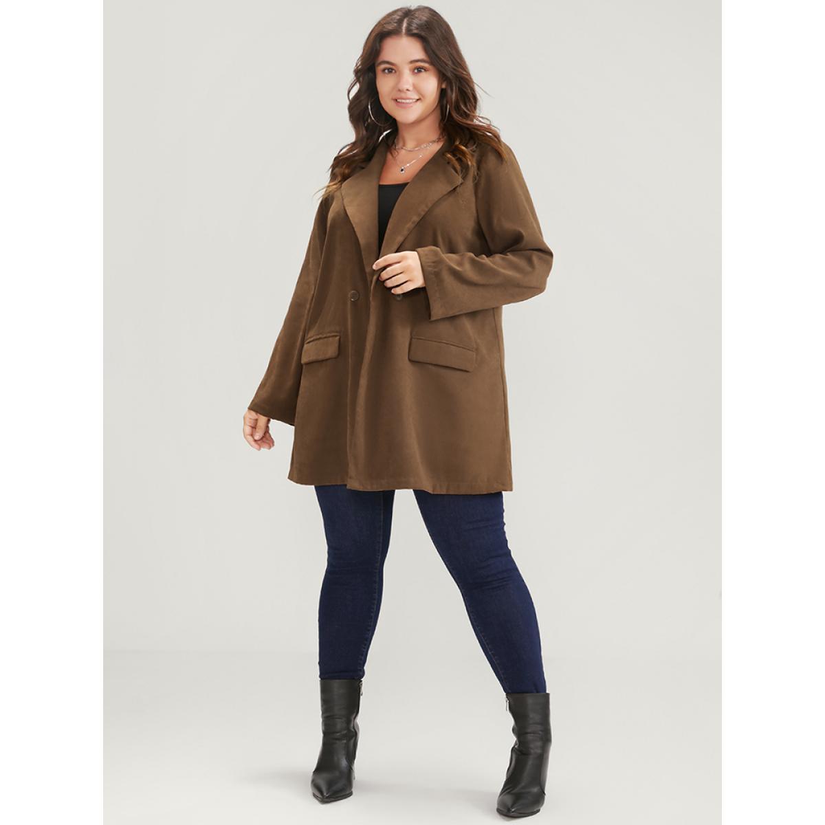 Plus Size Solid Pocket Suit Collar Double Button Blazer Brown Women Dailywear Plain Pocket Sleeve Long Sleeve Suit Collar 28/5X Pocket Casual Blazers BloomChic Product Image