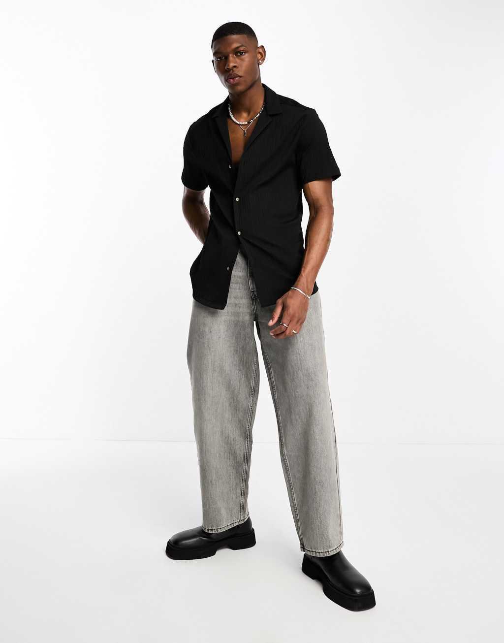 ASOS DESIGN relaxed shirt in smart ribbed quality in black Product Image