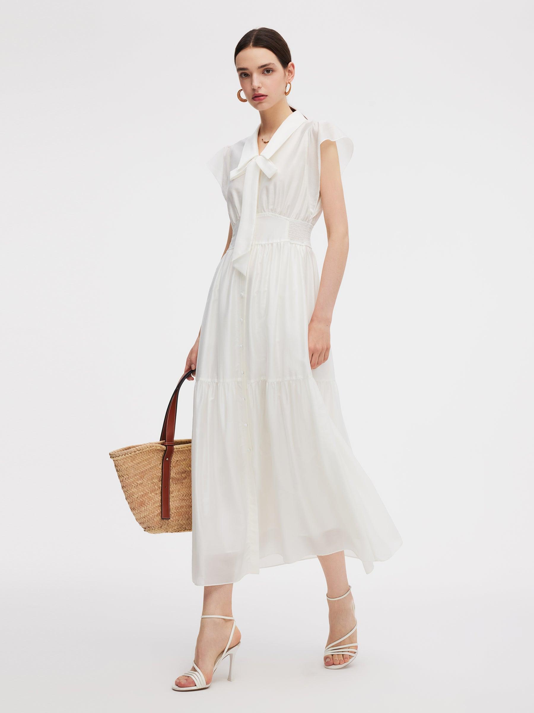 Tencel Blend Women Cap Sleeve Maxi Dress With Ribbon Product Image