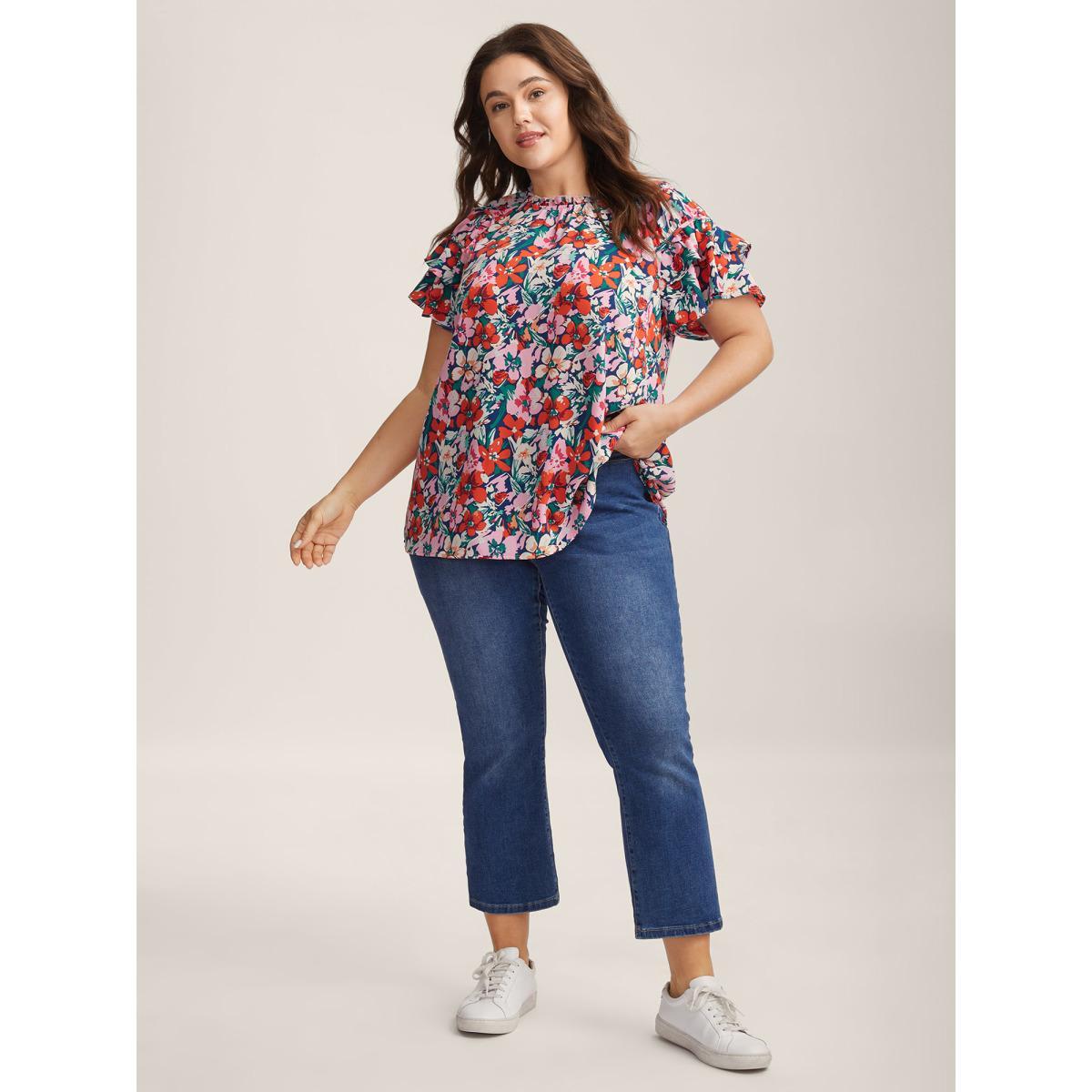 Plus Size Multicolor Groovy Floral Print Ruffled Layered Sleeve Blouse Women Short sleeve Round Neck Everyday-Casual Blouses BloomChic 10/M Product Image