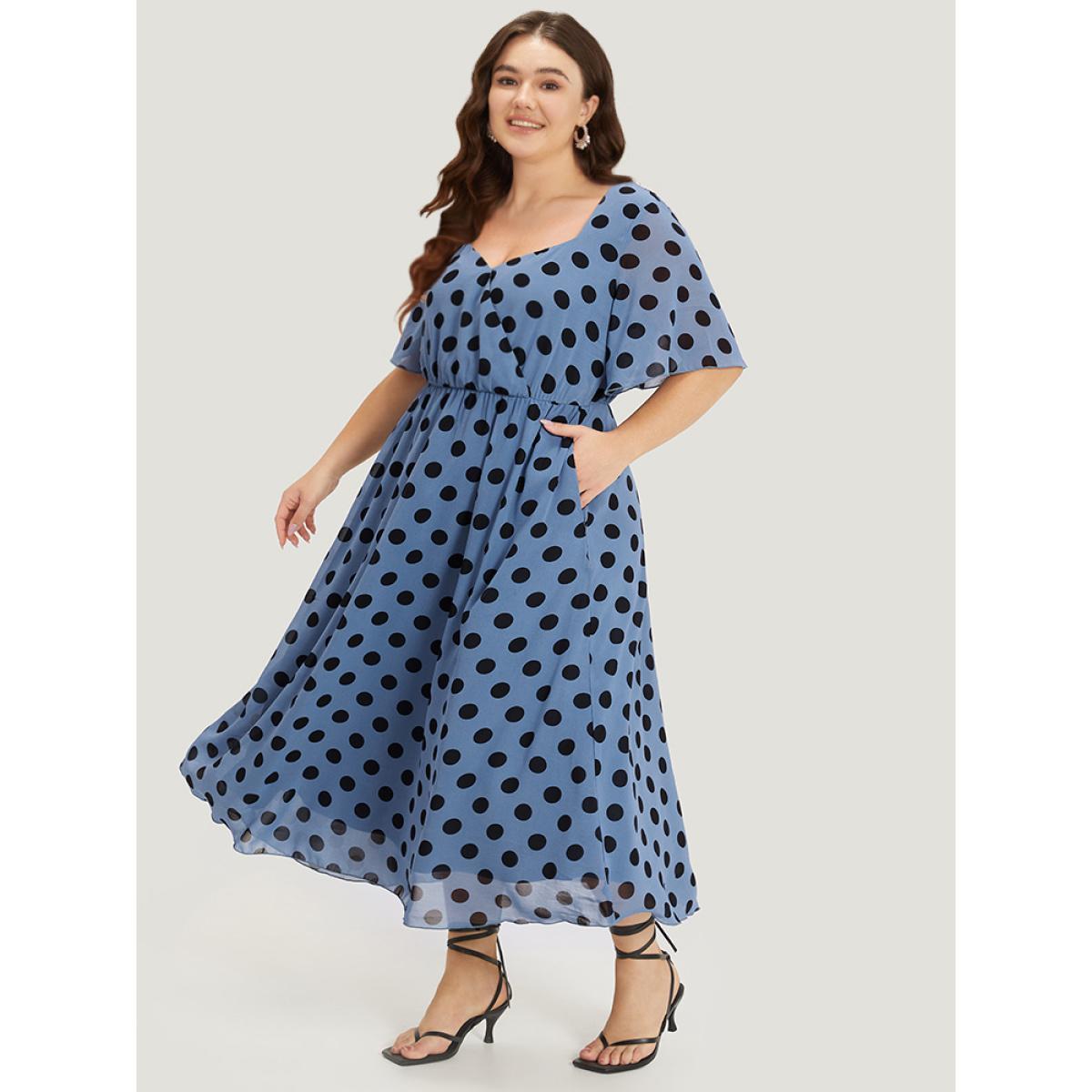 Plus Size Polka Dot Two Tone Pocket Surplice Neck Dress Stone Women Elegant Wrap Square Neck Short sleeve Curvy Midi Dress BloomChic 12/L Product Image