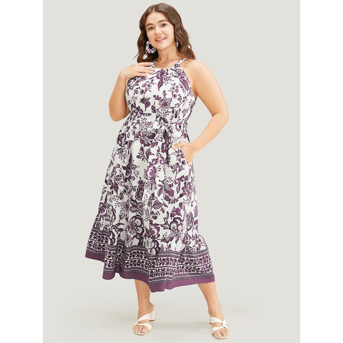 Plus Size Bandana Print Knotted Flutter Hem Pocket Belted Halter Dress Mauve Women Vacation Knotted Halter neck Sleeveless Curvy Midi Dress BloomChic 14-16/1X Product Image