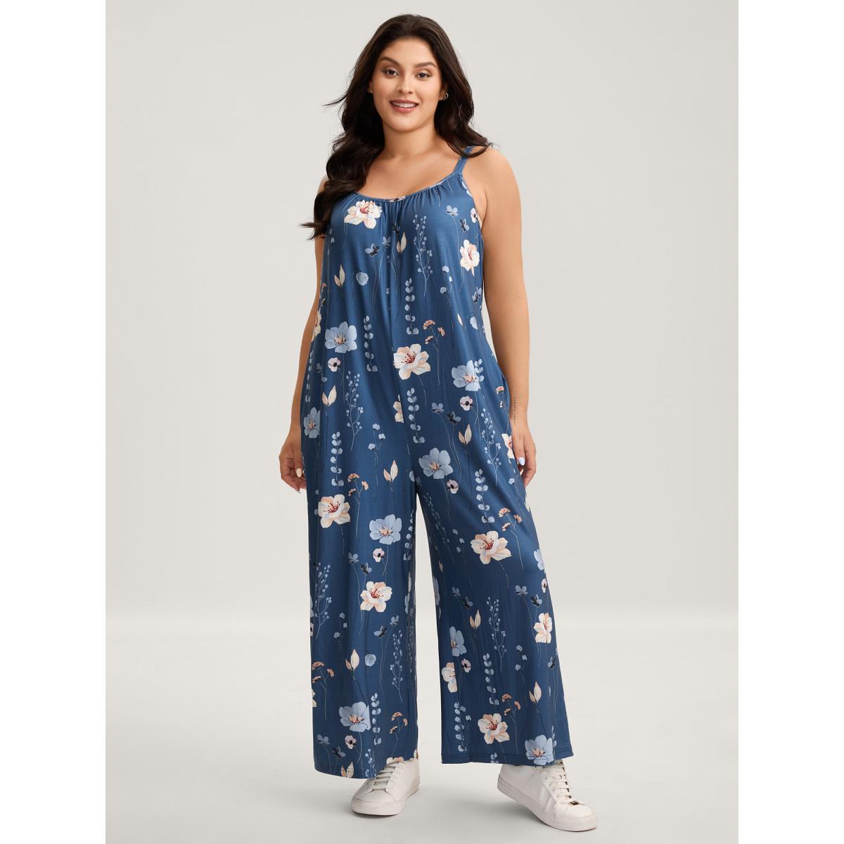 Plus Size Mediumblue Stretchy Lined Floral Print Cami Jumpsuit Women Sleeveless V-neck Everyday-Casual Loose Jumpsuits BloomChic 18-20/2X Product Image