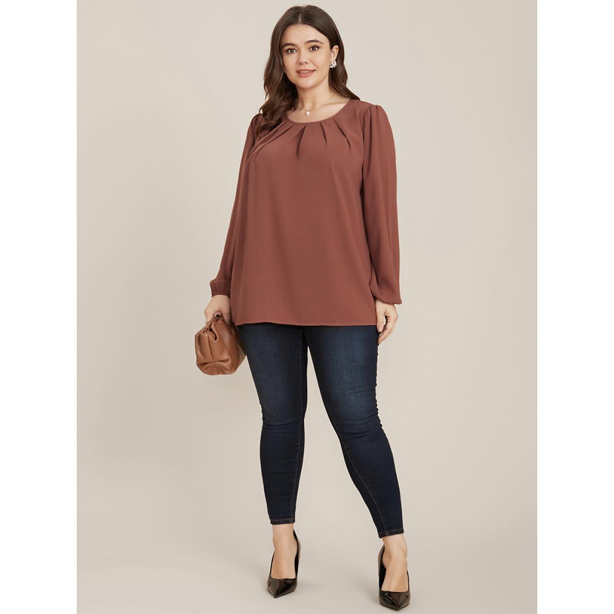 Plus Size DustyPink Solid Round Neck Pleated Lantern Sleeve Blouse Women Elegant Long Sleeve Round Neck Dailywear Blouses BloomChic 12/L Product Image