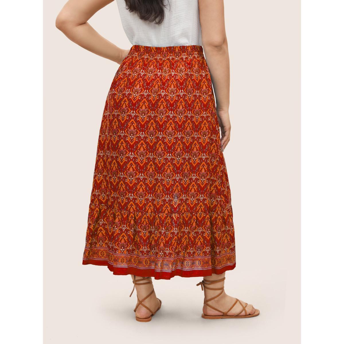 Plus Size Boho Print Elastic Waist Button Detail Skirt Women Crimson Resort Non No stretch Slanted pocket Vacation Skirts BloomChic 26/4X Product Image