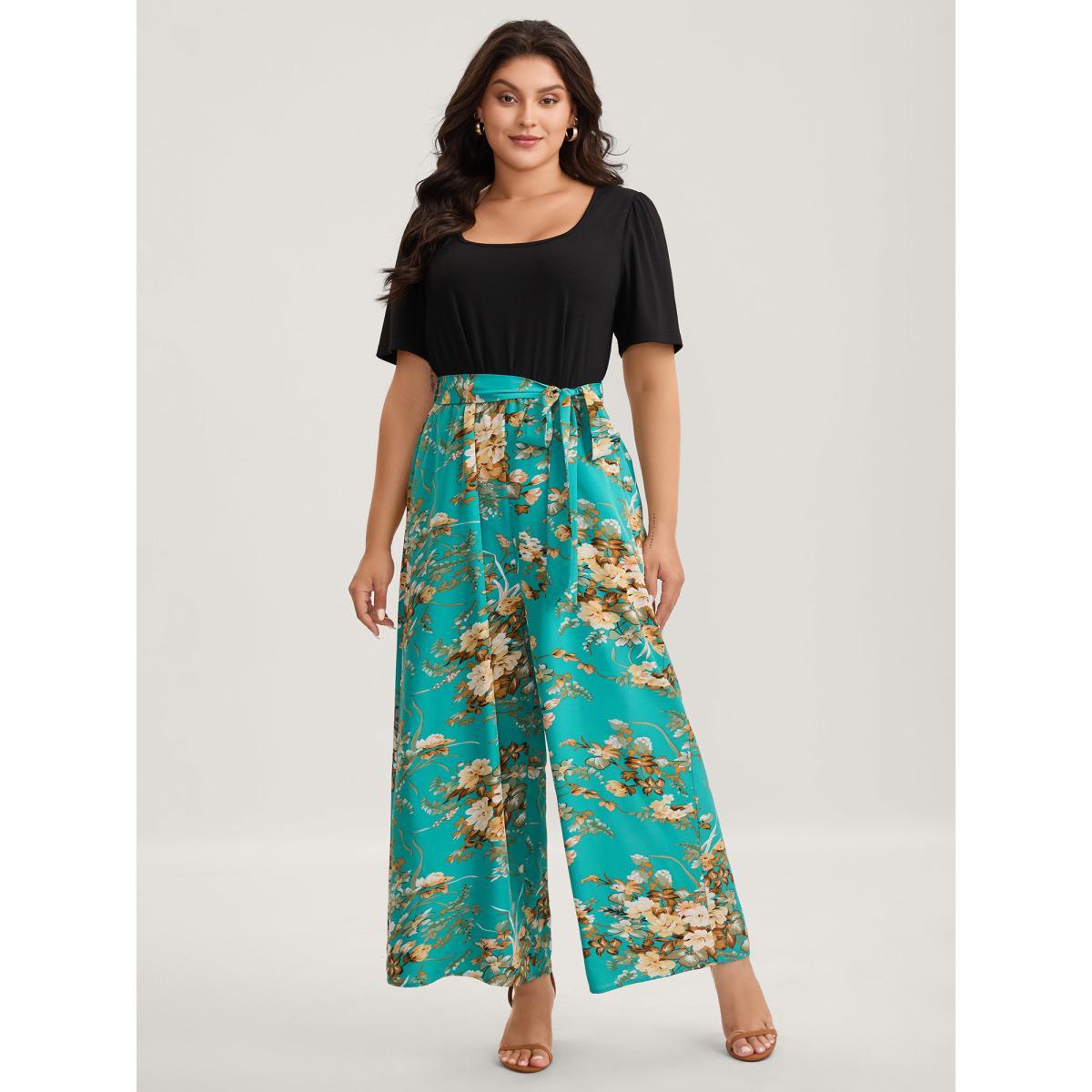 Plus Size Arctic Color Contrast Belted Panel Pockets Jumpsuit Women Elegant Short sleeve Square Neck Everyday-Elegant Loose Jumpsuits BloomChic 12/L Product Image