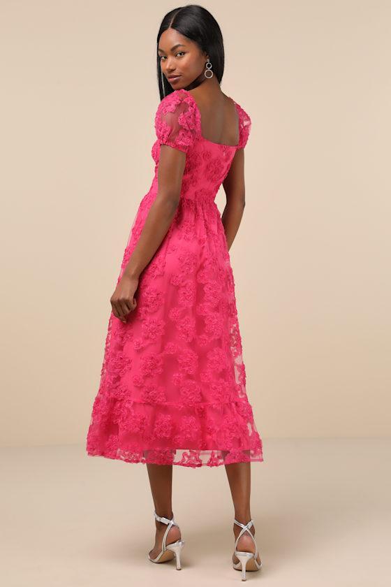 Notable Elegance Fuchsia Mesh Floral Applique Bustier Midi Dress Product Image