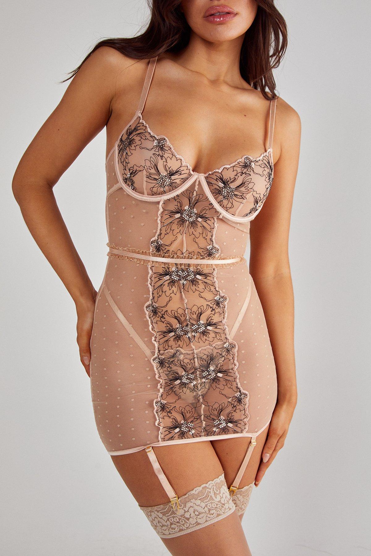 Lace Embroidered Lace Up Back Chemise And Thong Set Product Image