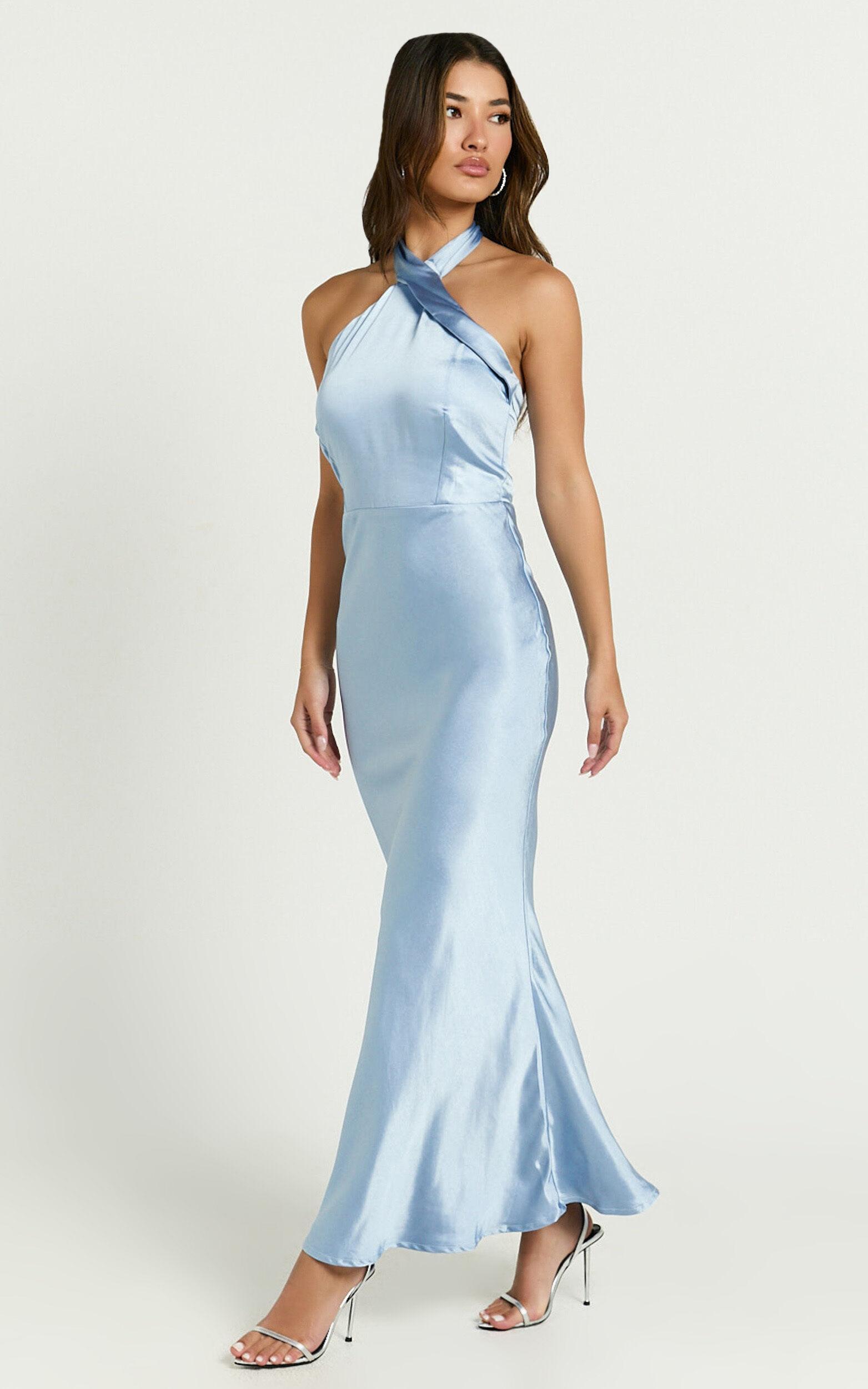 Rhianne Midi Dress - Twist Halter Neck Open Back Satin Dress in Light Blue Product Image