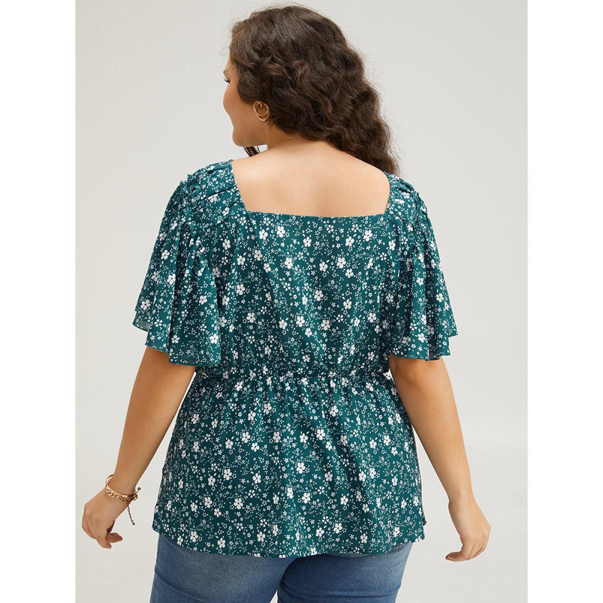 Plus Size Cyan Ditsy Floral Flutter Sleeve Ruched Blouse Women Elegant Short sleeve V-neck Dailywear Blouses BloomChic 26/4X Product Image