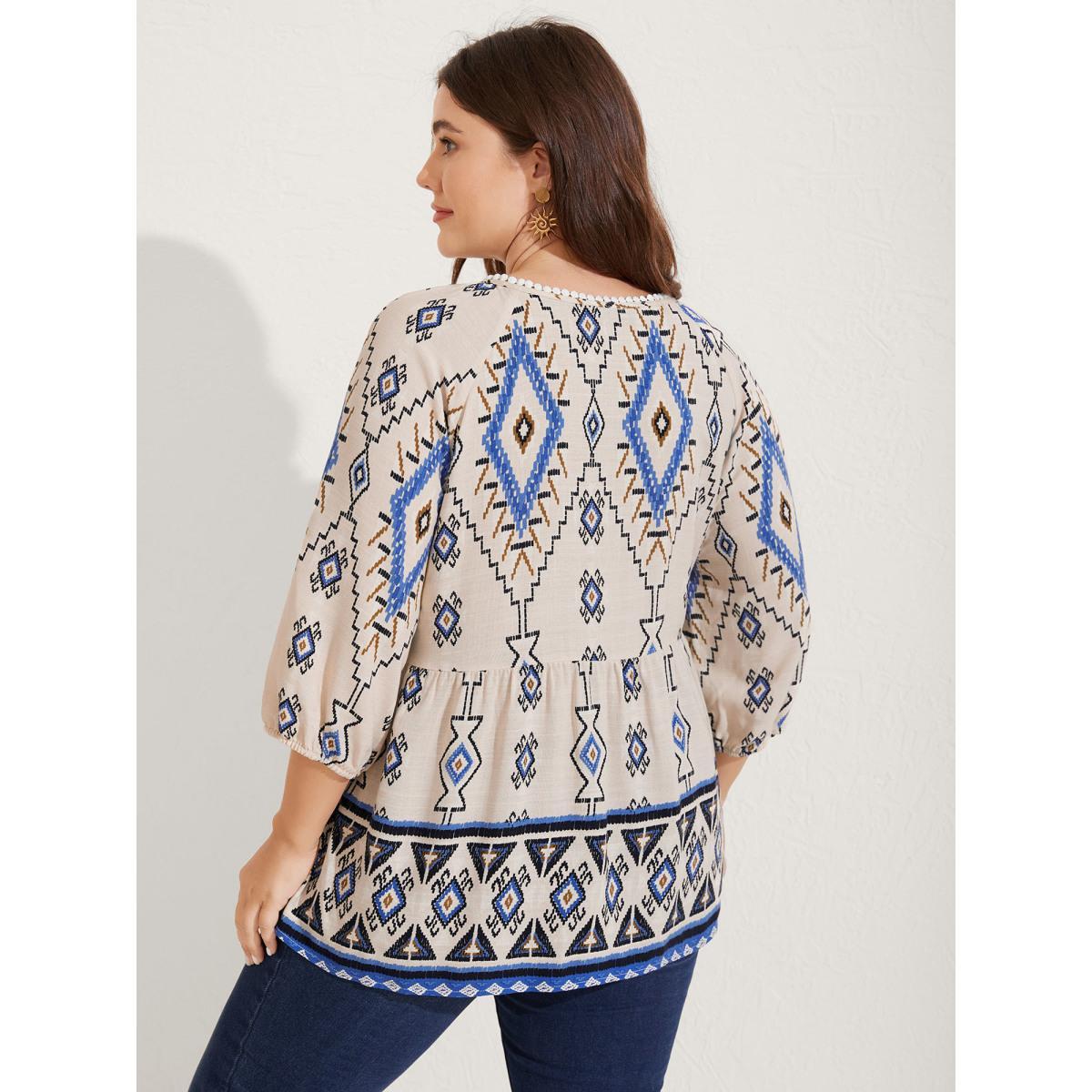 Plus Size Multicolor Boho Print Lace Detail Neck Tie Blouse Women Elbow-length sleeve Notched collar Vacation Blouses BloomChic 22-24/3X Product Image