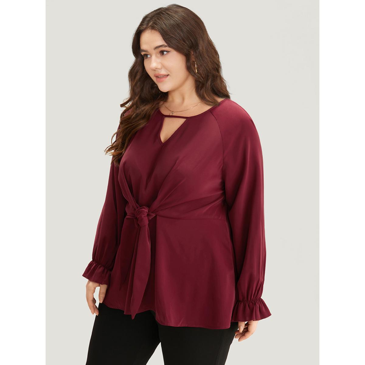 Plus Size Scarlet Anti-Wrinkle Twist Front Keyhole Ties Blouse Women Office Long Sleeve Keyhole Cut-Out Work Blouses BloomChic 14-16/1X Product Image