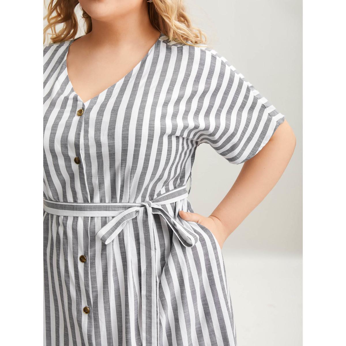 Plus Size Striped V Neck Button Belted Knee Dress Black Women Office Gathered V-neck Short sleeve Curvy BloomChic 26/4X Product Image