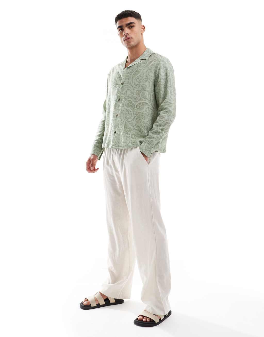 ASOS DESIGN boxy relaxed revere shirt with paisley print in sage Product Image