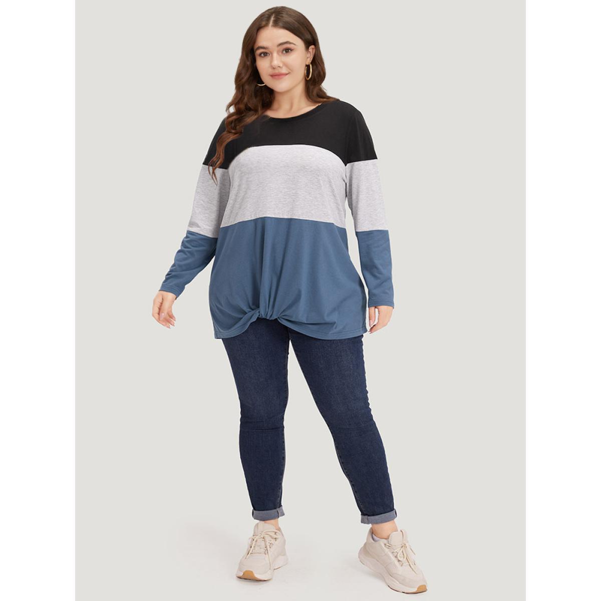 Plus Size Round Neck Twist Front Patchwork Contrast T-shirt Multicolor Women Casual Contrast Plain Round Neck Dailywear T-shirts BloomChic 18-20/2X Product Image