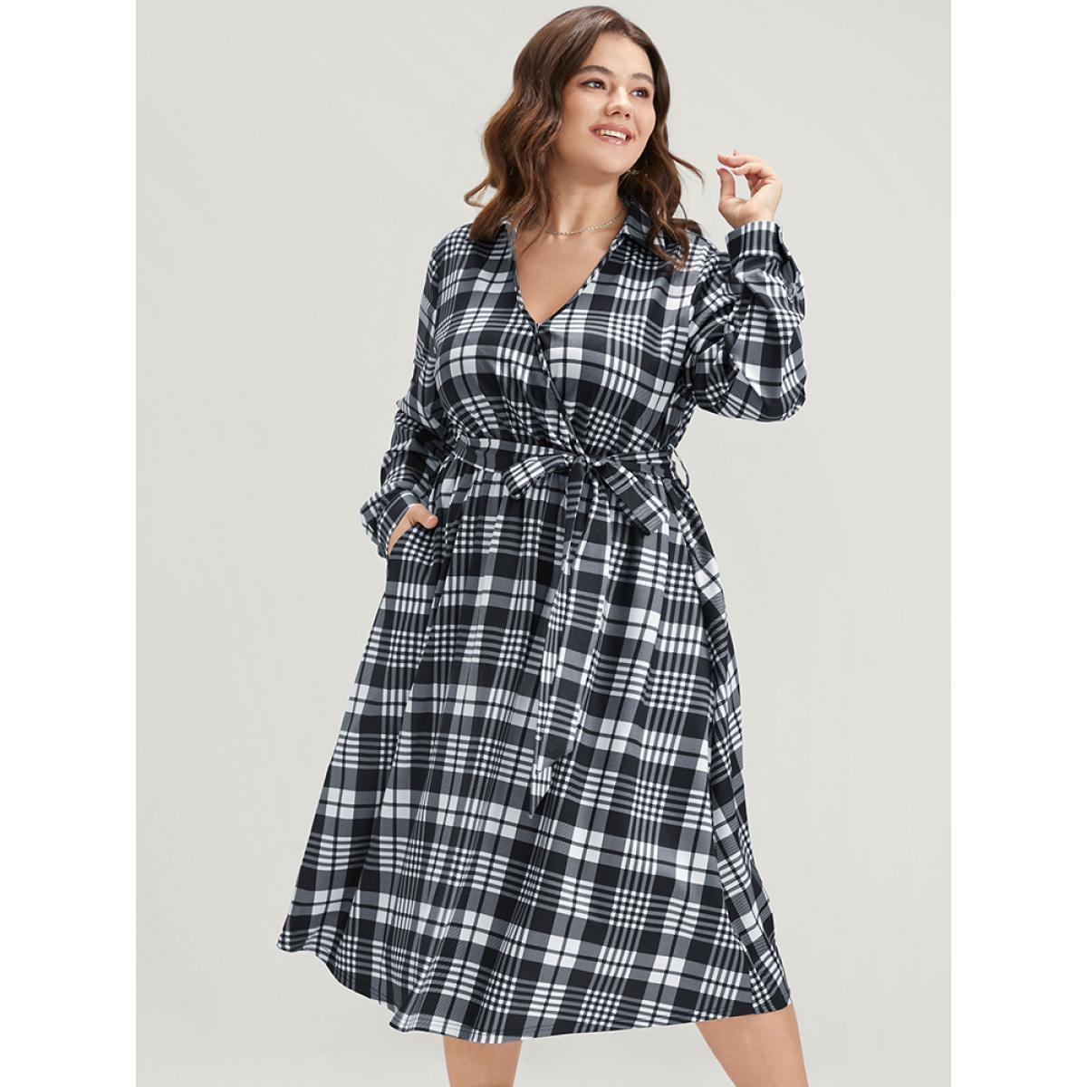 Plus Size Plaid Surplice Neck Lantern Sleeve Pocket Belt Midi Dress Black Women At the Office Elastic Waist V-neck Long Sleeve Curvy Midi Dress BloomChic 28/5X Product Image