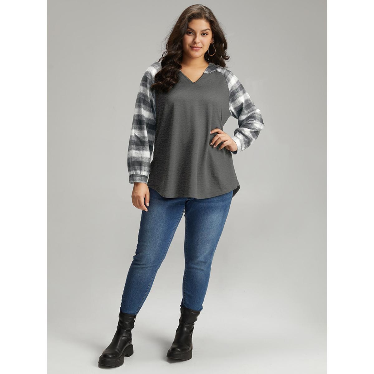 Plus Size Plaid Print Hooded Patchwork Sweatshirt Women DimGray Casual Patchwork Hooded Everyday Sweatshirts BloomChic 14-16/1X Product Image
