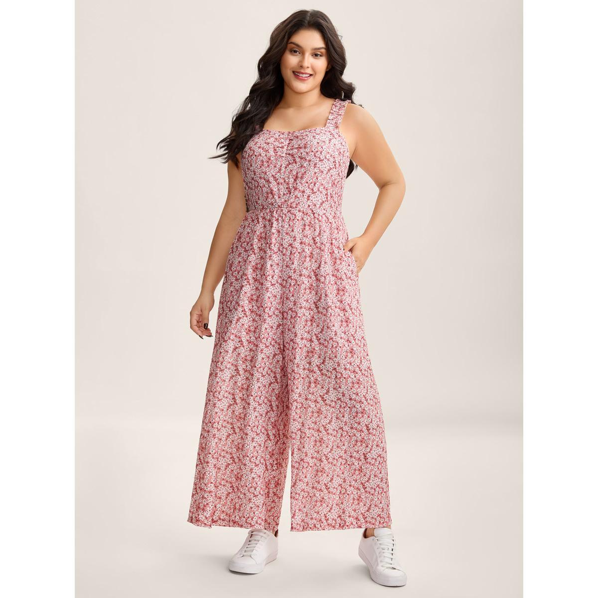 Plus Size Blush Pleated Bodice Petal Trim Straps Jumpsuit Women Sleeveless Non Everyday-Casual Loose Jumpsuits BloomChic 10/M Product Image