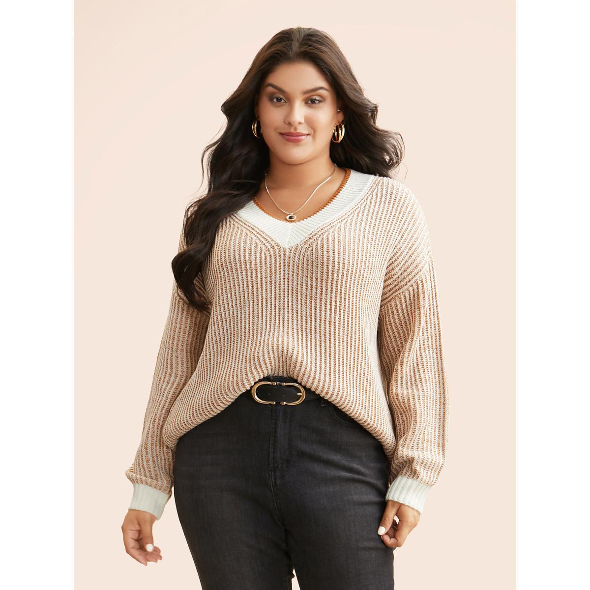 Plus Size Contrast Texture Drop Shoulder Sleeve Pullover Turmeric Women Casual Loose Long Sleeve V-neck Everyday Pullovers BloomChic 14-16/1X Product Image
