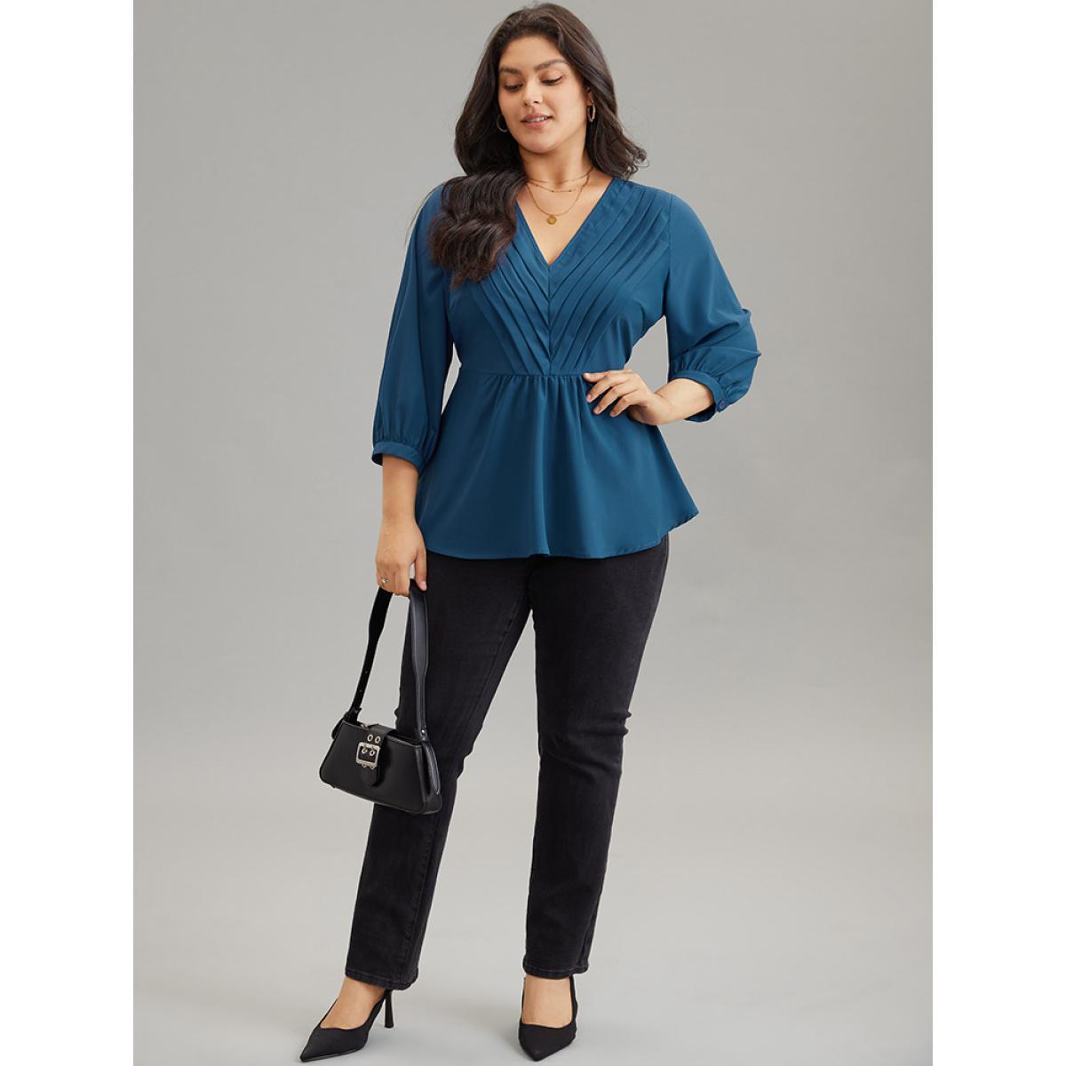 Plus Size Aegean Static-Free Elastic Waist Pleated Lantern Sleeve Blouse Women Office Elbow-length sleeve V-neck Work Blouses BloomChic 22-24/3X Product Image