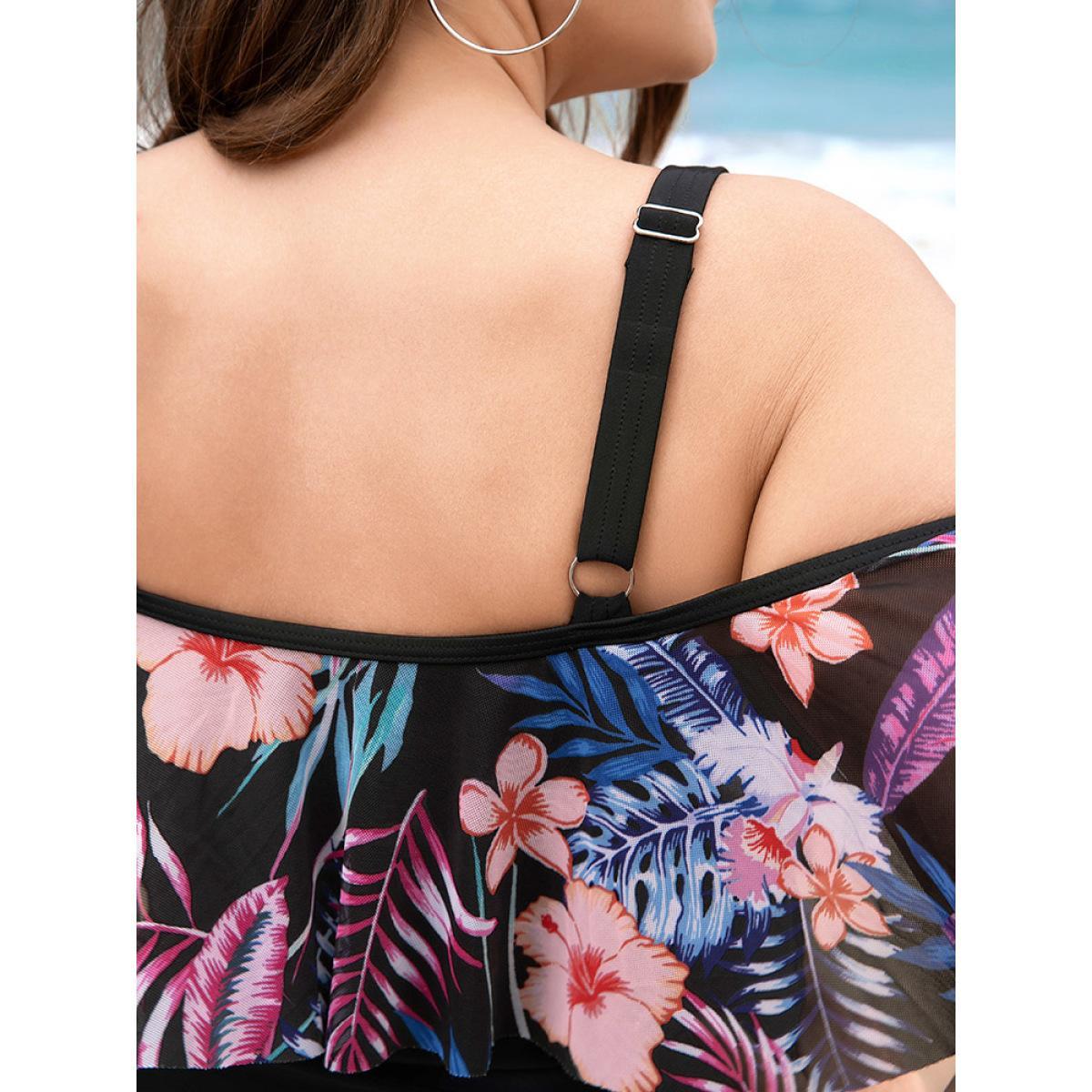 Plus Size Floral Patchwork Asymmetrical Ruffle Trim Crisscross One Piece Swimsuit Women's Swimwear Black Vacation Adjustable Straps Curve Bathing Suits High stretch One Pieces BloomChic 22-24/3X Product Image