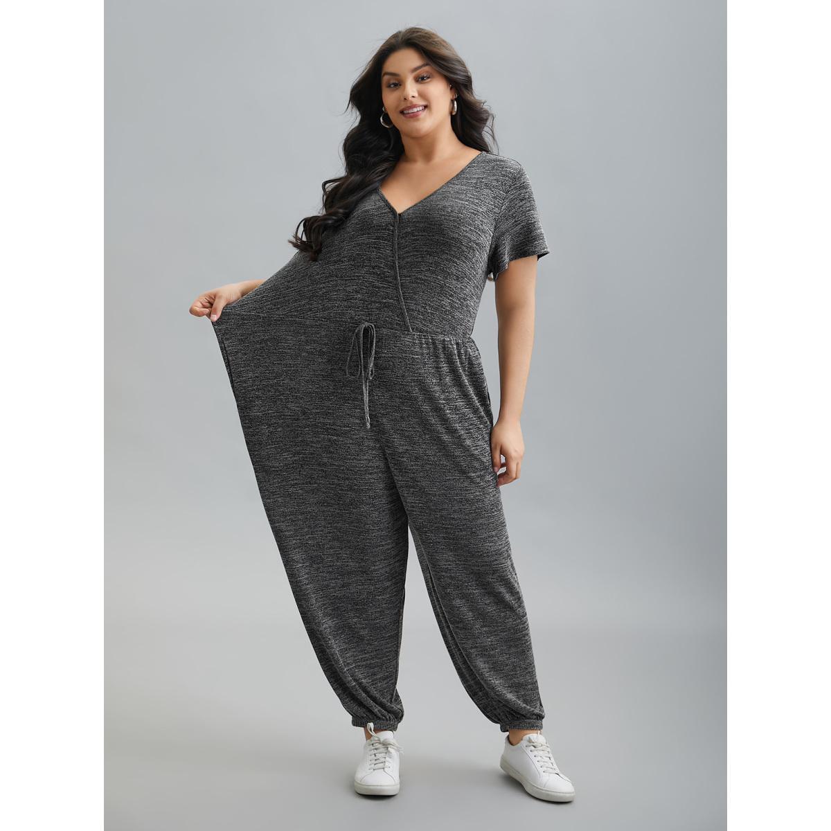 Plus Size DimGray Plain Wrap Drawstring Pocket Jumpsuit Women Casual Short sleeve Overlap Collar Everyday Loose Jumpsuits BloomChic 30/6X Product Image