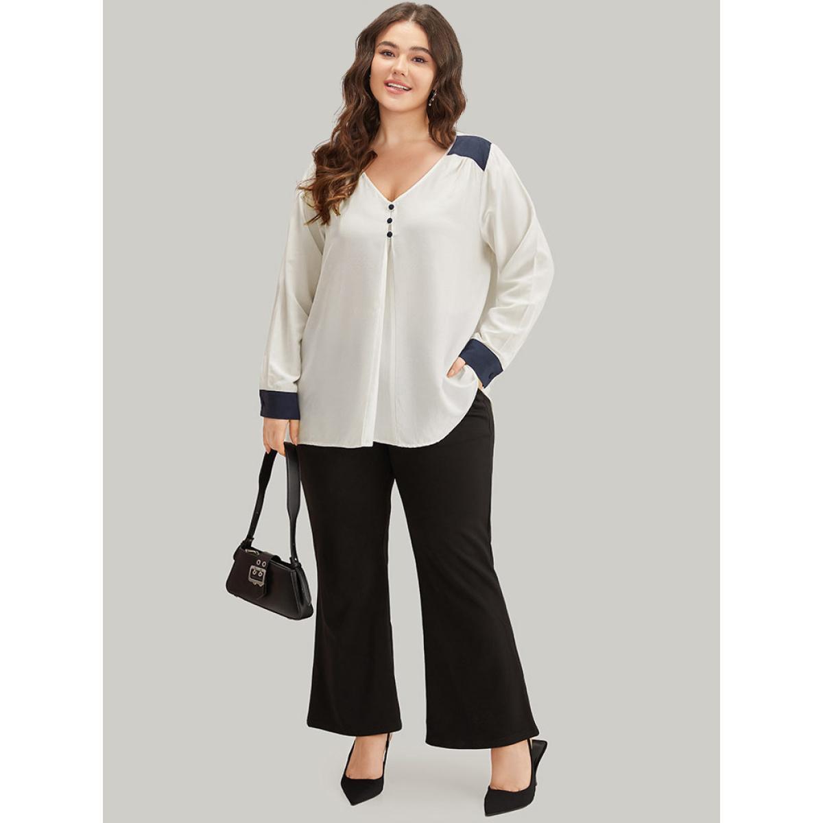 Plus Size Ivory Contrast Patchwork Plicated Button Detail Blouse Women Office Long Sleeve V-neck Work Blouses BloomChic 18-20/2X Product Image