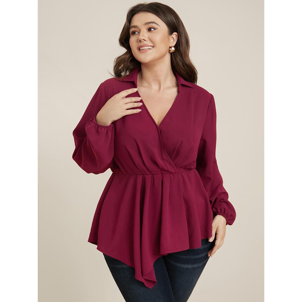 Plus Size Scarlet Solid Lantern Sleeve Surplice Neck Asymmetrical Hem Blouse Women Office Long Sleeve V-neck Work Blouses BloomChic 12/L Product Image