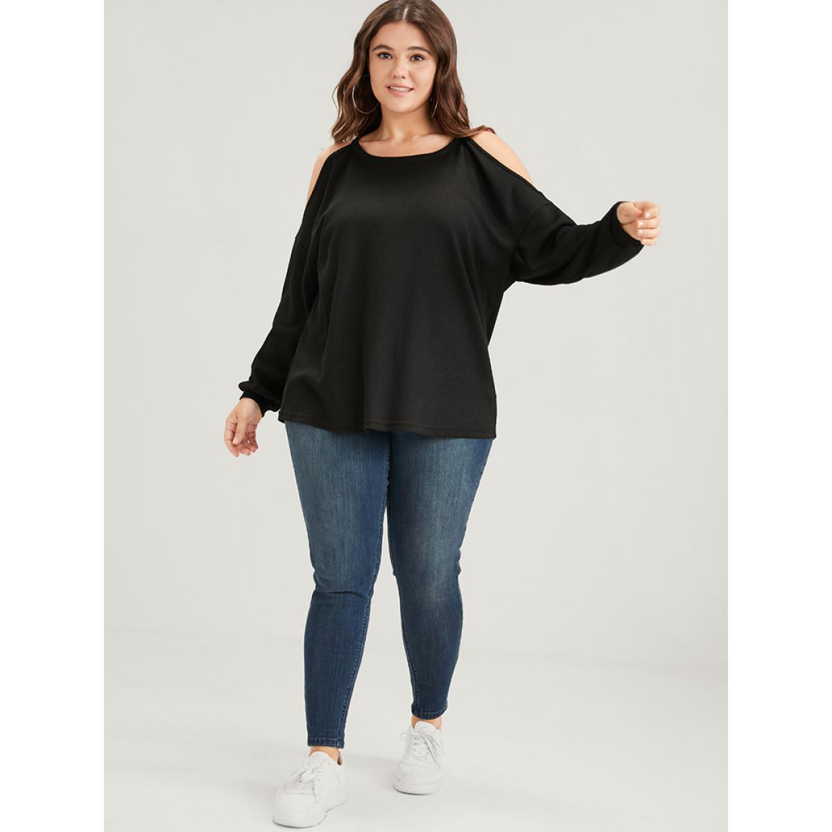Plus Size Solid Cold Shoulder Long Tee Black Women Casual Plain Plain Cold Shoulder Dailywear T-shirts BloomChic 30/6X Product Image