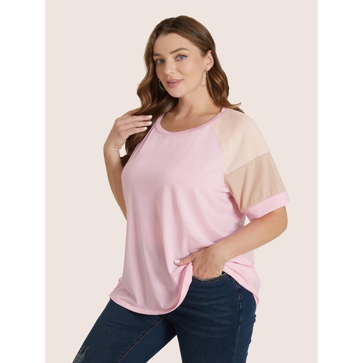 Plus Size Colorblock Contrast Crew Neck Raglan Sleeve T-shirt Crepe Women Casual Contrast Colorblock Everyday T-shirts BloomChic 18-20/2X Product Image