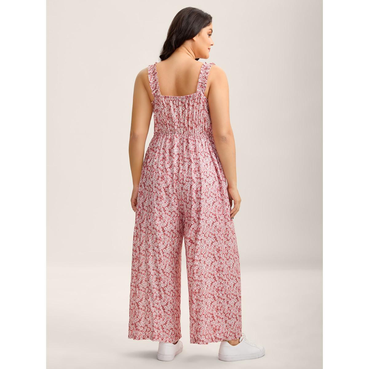 Plus Size Blush Pleated Bodice Petal Trim Straps Jumpsuit Women Sleeveless Non Everyday-Casual Loose Jumpsuits BloomChic 18-20/2X Product Image