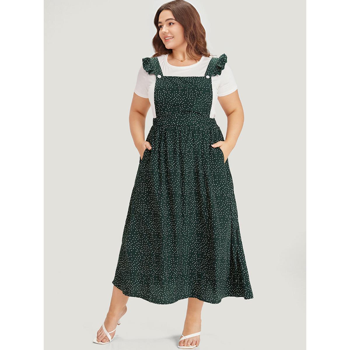 Plus Size Polka Dot Pocket Flutter Trim Overall Dress Green Women Casual Elastic Waist Spaghetti Strap Sleeveless Curvy Midi Dress BloomChic 10/M Product Image