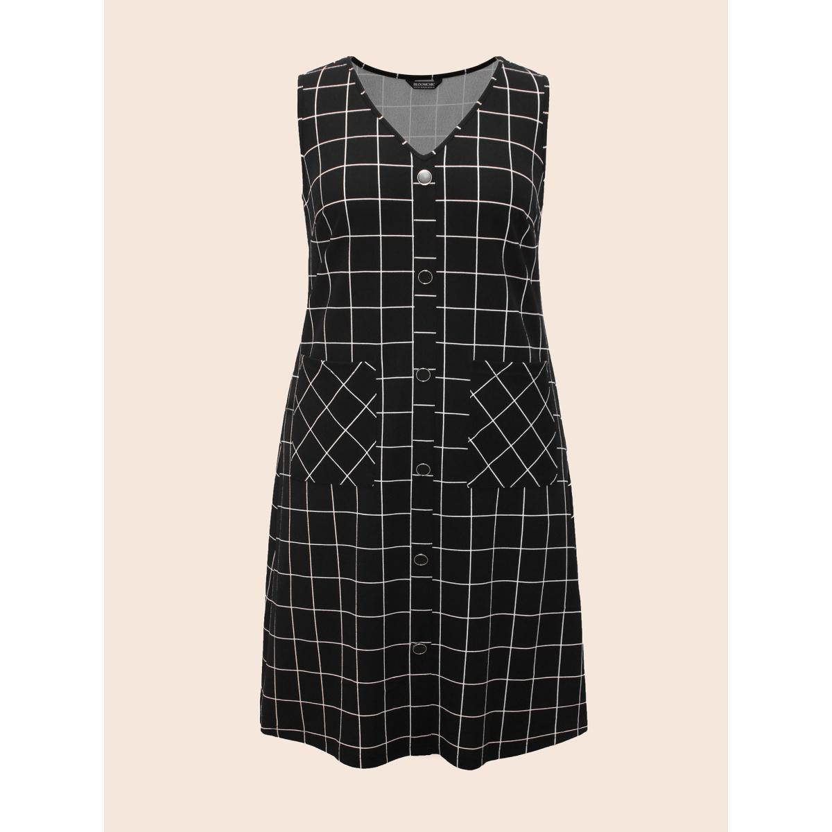 Plus Size Plaid V Neck Button Detail Dress Black Women Casual Button V-neck Sleeveless Curvy BloomChic 18-20/2X Product Image