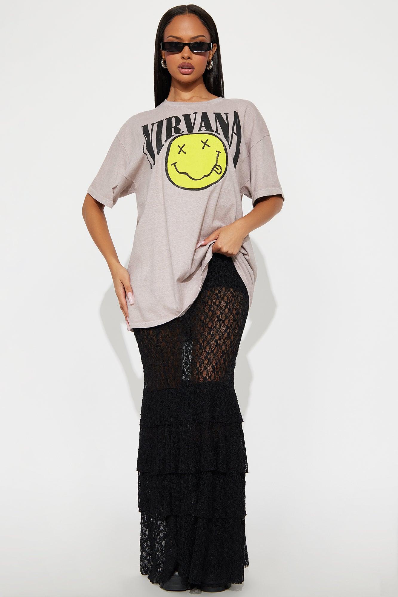 Nirvana Arched Logo  Washed Smiley Tee - Brown Female Product Image