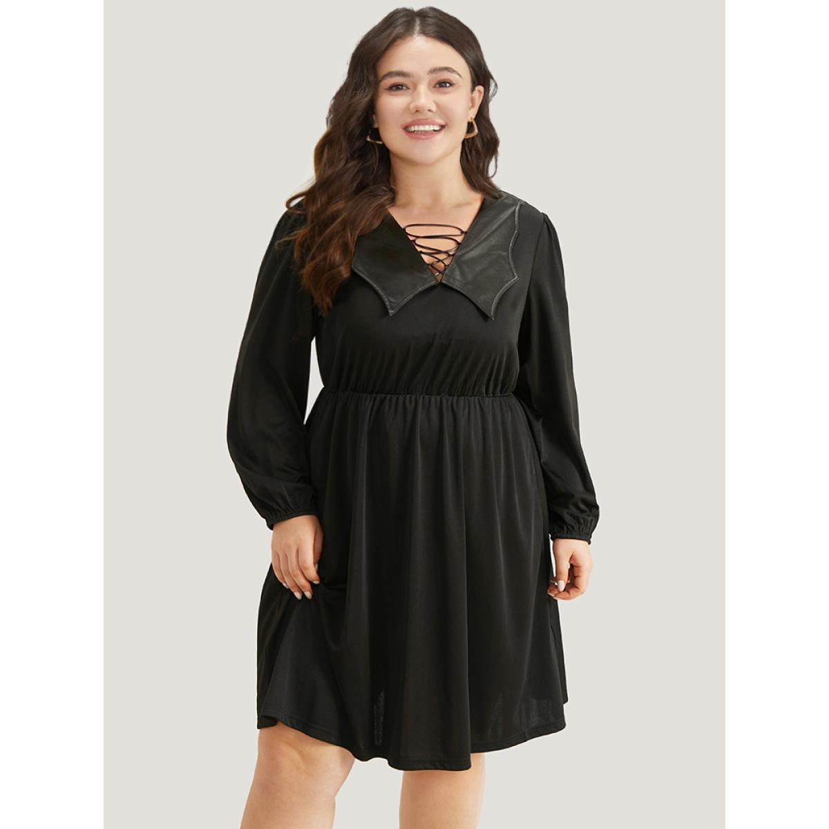 Plus Size Halloween Plain PU Crisscross Patchwork Pocket Dress Black Women Elegant Elastic cuffs V-neck Long Sleeve Curvy Knee Dress BloomChic 22-24/3X Product Image