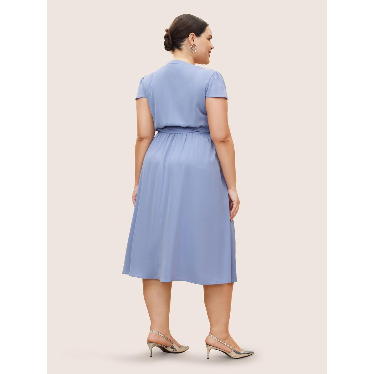 Plus Size Plain Pleated Button Detail Cap Sleeve Dress Stone Women At the Office Tucked seam Flat collar with V-notch Cap Sleeve Curvy BloomChic 10/M Product Image
