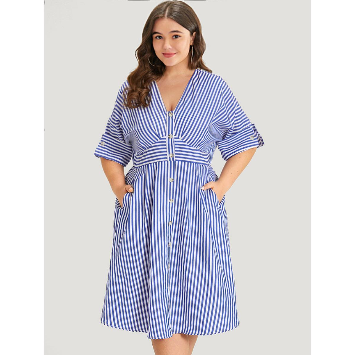 Plus Size V Neck Striped Pocket Ruffle Hem Button Detail Dress Blue Women Elegant Texture V-neck Half Sleeve Curvy Midi Dress BloomChic 14-16/1X Product Image