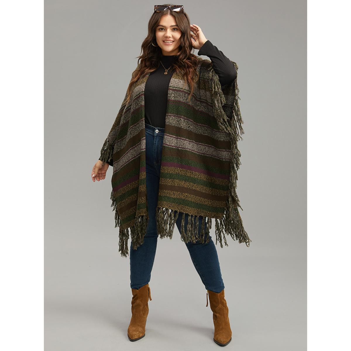 Plus Size Contrast Striped Fringe Trim Drape Cardigan Multicolor Women Casual Loose Sleeveless Everyday Cardigans BloomChic 26/4X Product Image