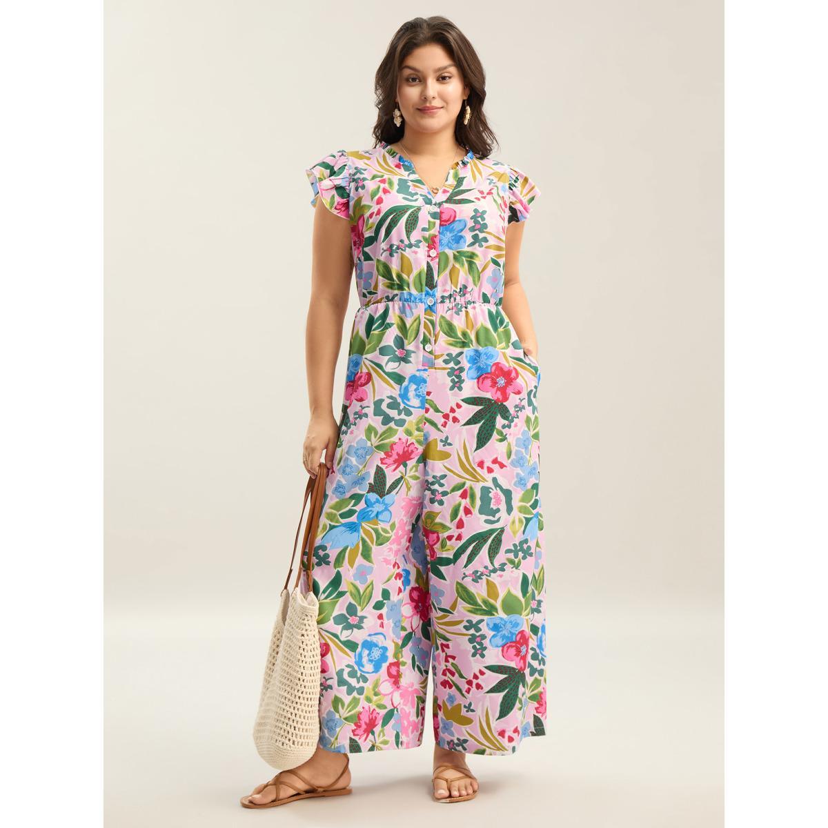 Plus Size Blush Sunkissed Floral Print Button Wide-Leg Jumpsuit Women Cap Sleeve Notched collar Vacation Loose Jumpsuits BloomChic 12/L Product Image