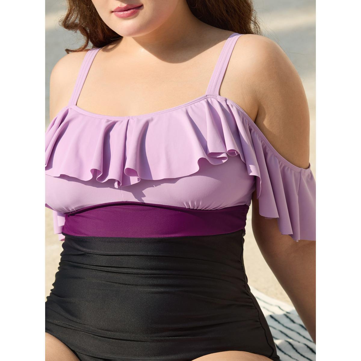 Plus Size Cold-Shoulder Ruffled One-Piece Swimsuit Women's Swimwear Lilac Beach Gathered Curve Bathing Suits High stretch One Pieces BloomChic 22-24/3X Product Image