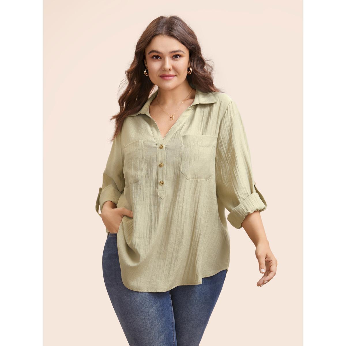 Plus Size Sage Solid Patched Pocket Tab Sleeve Blouse Women Elegant Long Sleeve V-neck Everyday Blouses BloomChic 10/M Product Image