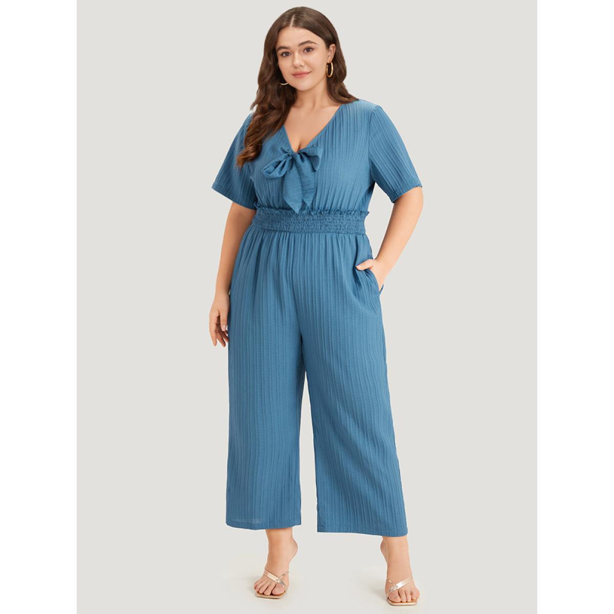 Plus Size Cerulean Textured Bowknot V Neck Shirred Pocket Jumpsuit Women Elegant Half Sleeve V-neck Dailywear Loose Jumpsuits BloomChic 12/L Product Image