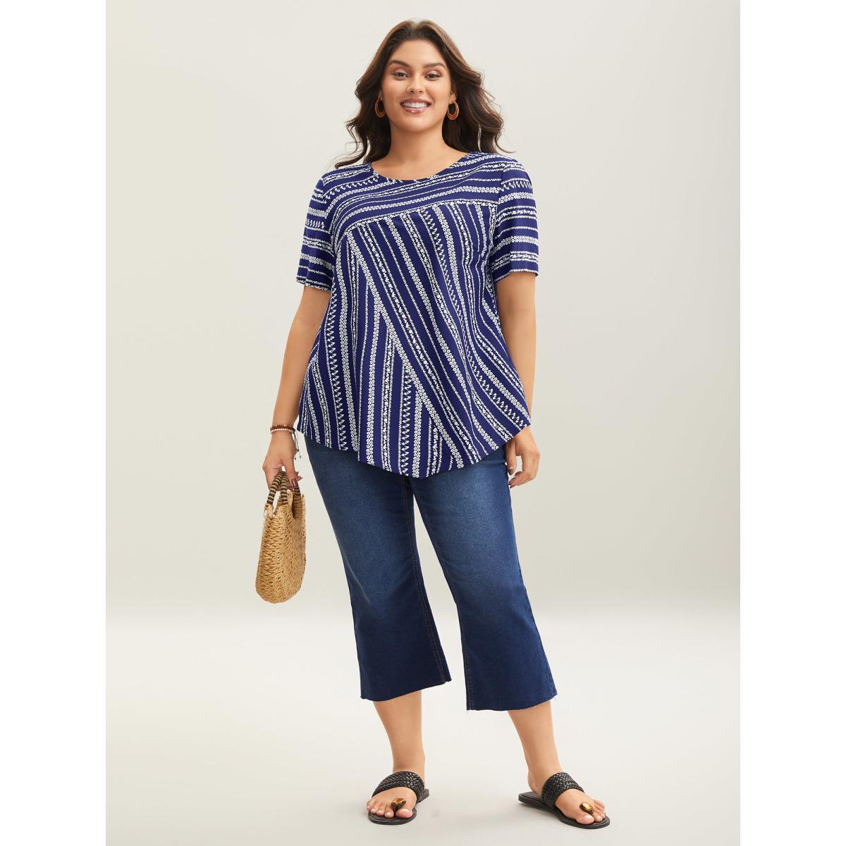 Plus Size DarkBlue Striped Overlap Print Curvy Hem Blouse Women Resort Short sleeve Round Neck Vacation Blouses BloomChic 12/L Product Image