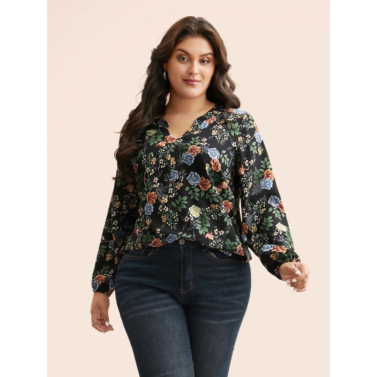 Plus Size Black Floral Notched Pleated Lantern Sleeve Blouse Women Elegant Extra Long Sleeve Notched collar Everyday Blouses BloomChic 22-24/3X Product Image