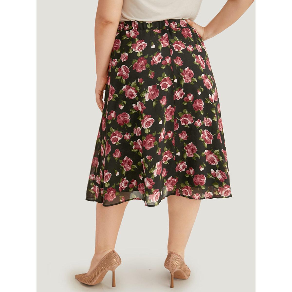 Plus Size Floral Print Mesh Elastic Waist Skirt Women Black Elegant Lined No stretch Dailywear Skirts BloomChic 22-24/3X Product Image